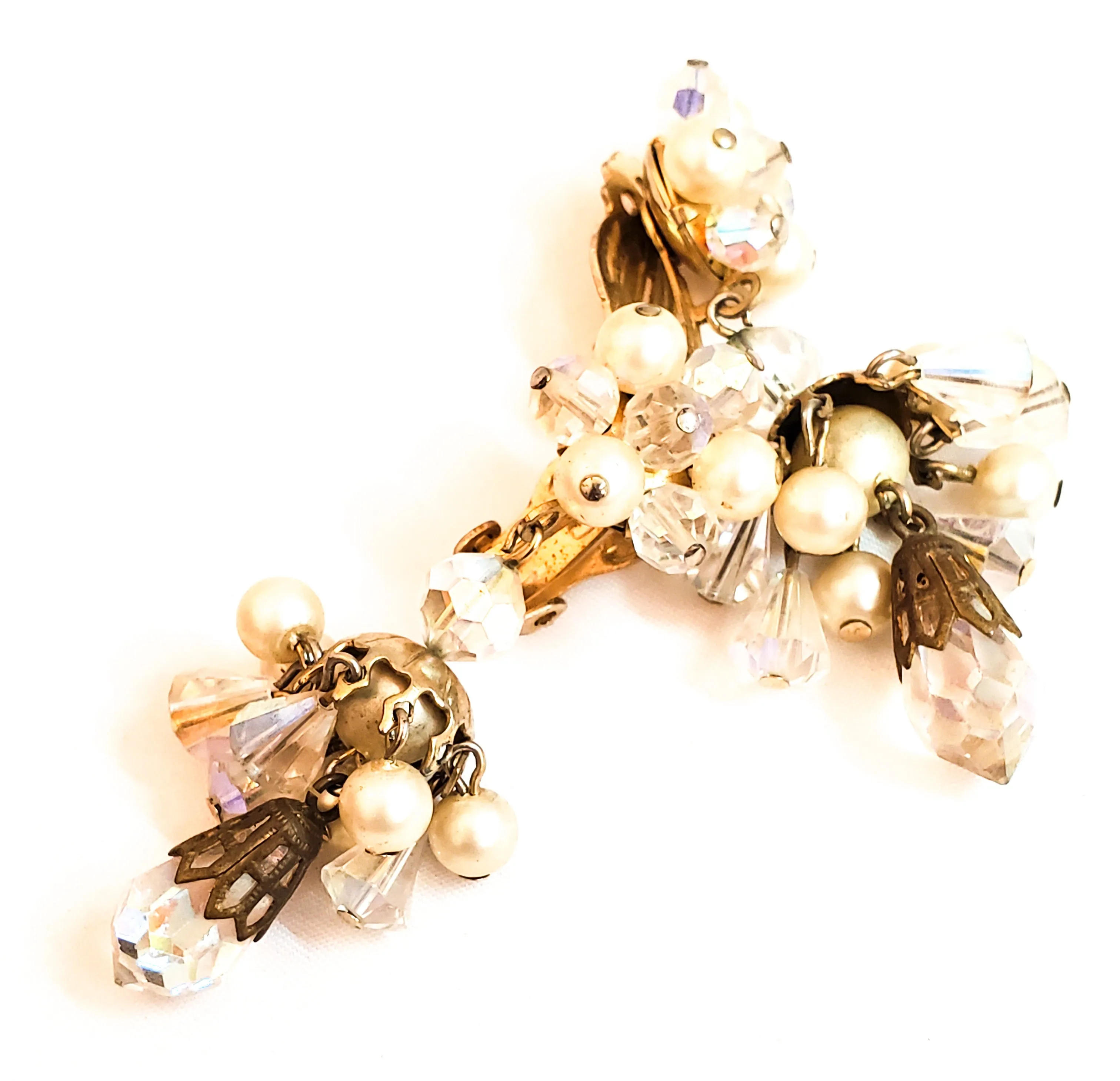 Faux pearl and Austrian crystal cluster drop vintage clip on earrings mid century
