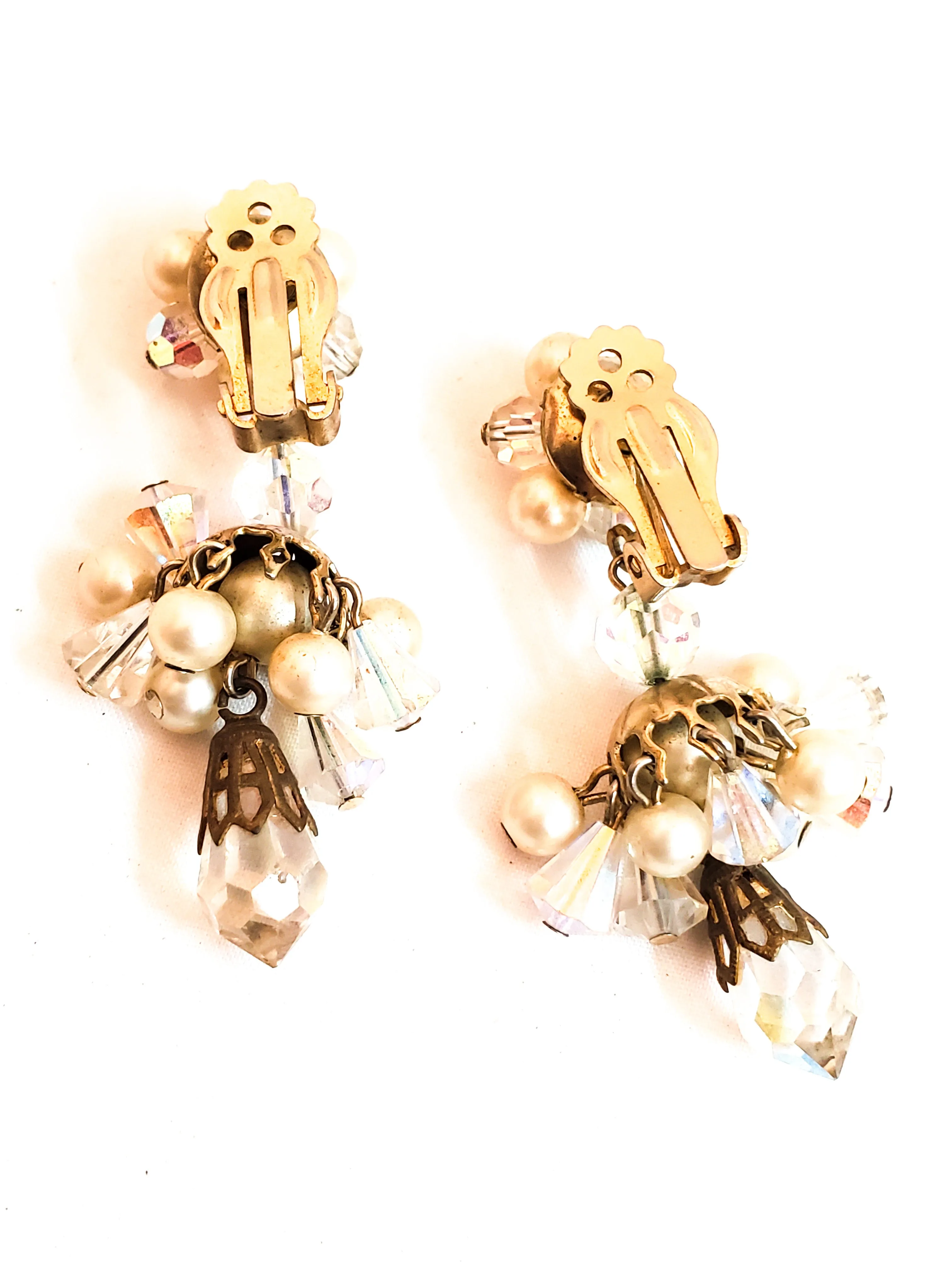 Faux pearl and Austrian crystal cluster drop vintage clip on earrings mid century
