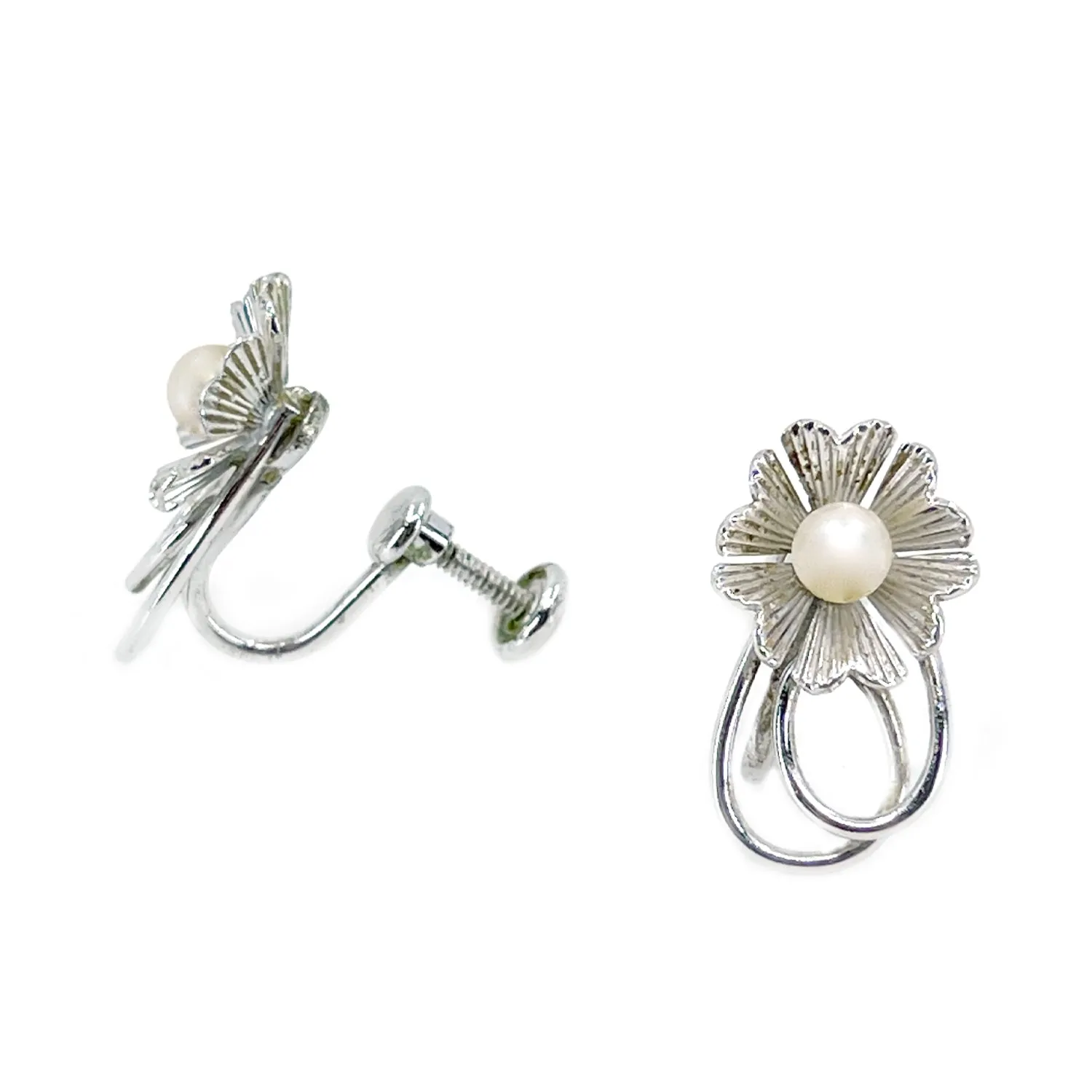 Flower A&Z Designer Akoya Saltwater Cultured Pearl Screwback Earrings- Sterling Silver