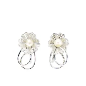 Flower A&Z Designer Akoya Saltwater Cultured Pearl Screwback Earrings- Sterling Silver