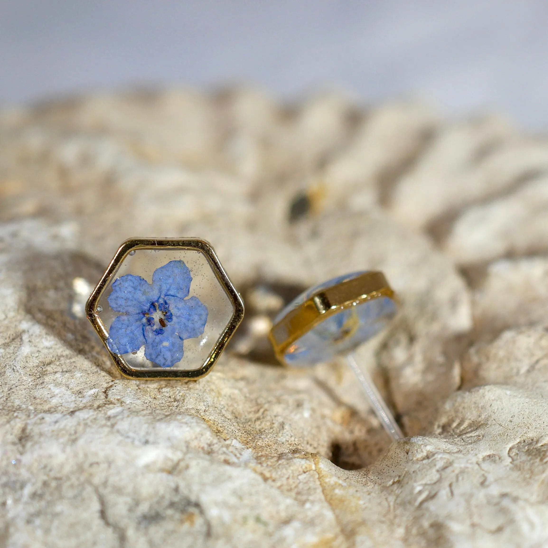 Forget me not stud hexagon earrings