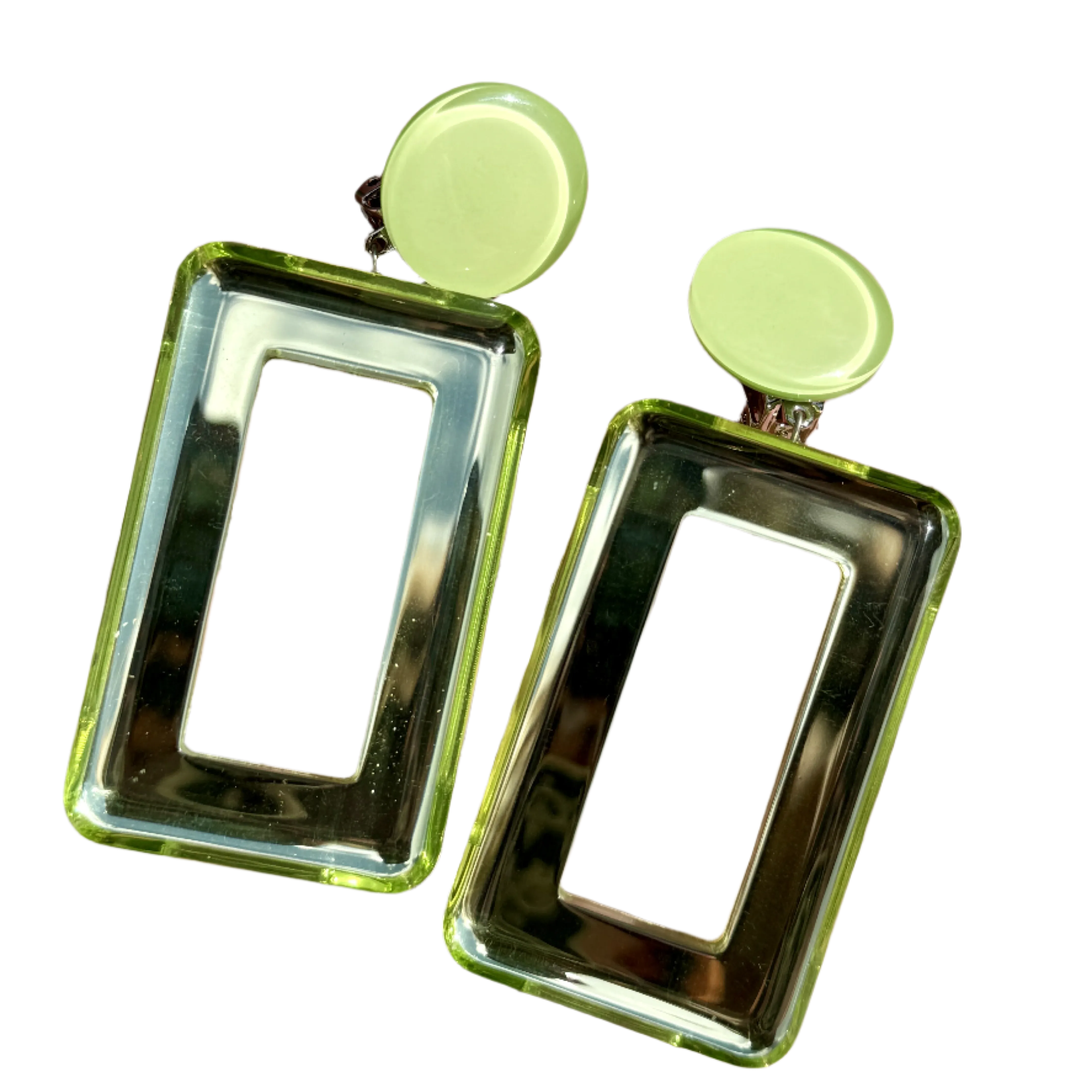 French Spring Green Square Mirrored Clip-On Earrings