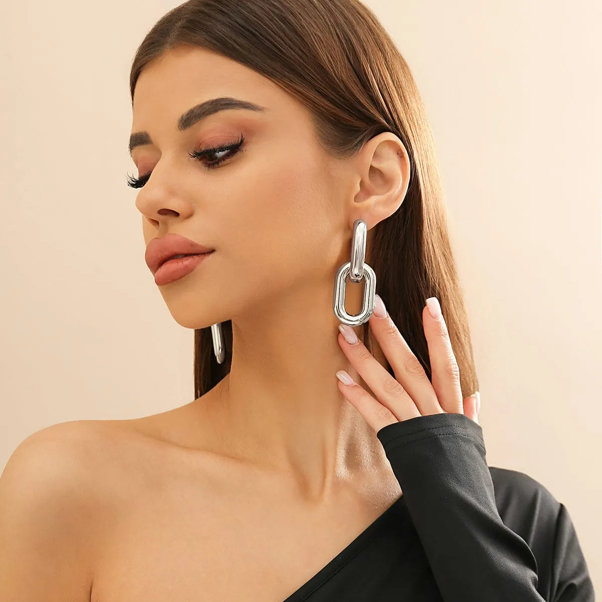 Geometric Double Oval Link Dangle Earrings