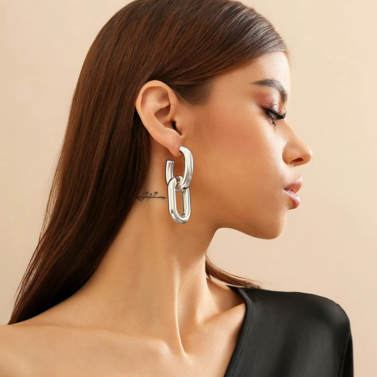 Geometric Double Oval Link Dangle Earrings