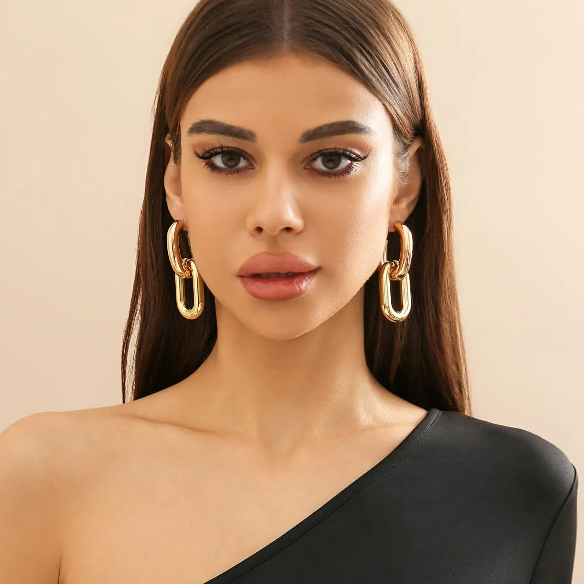 Geometric Double Oval Link Dangle Earrings