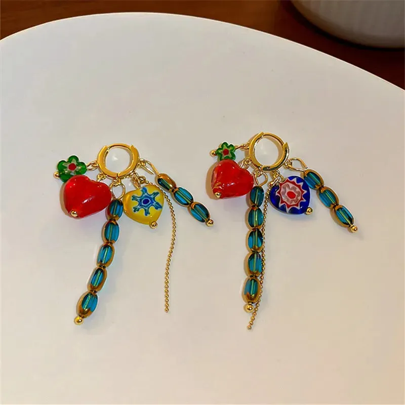Geometric Full Colour Beads Heart-shaped Earclip Earrings For Women Bohemia Personality Earring Party Jewelry