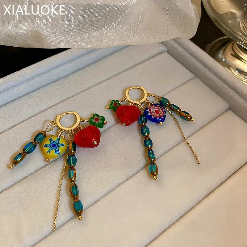 Geometric Full Colour Beads Heart-shaped Earclip Earrings For Women Bohemia Personality Earring Party Jewelry