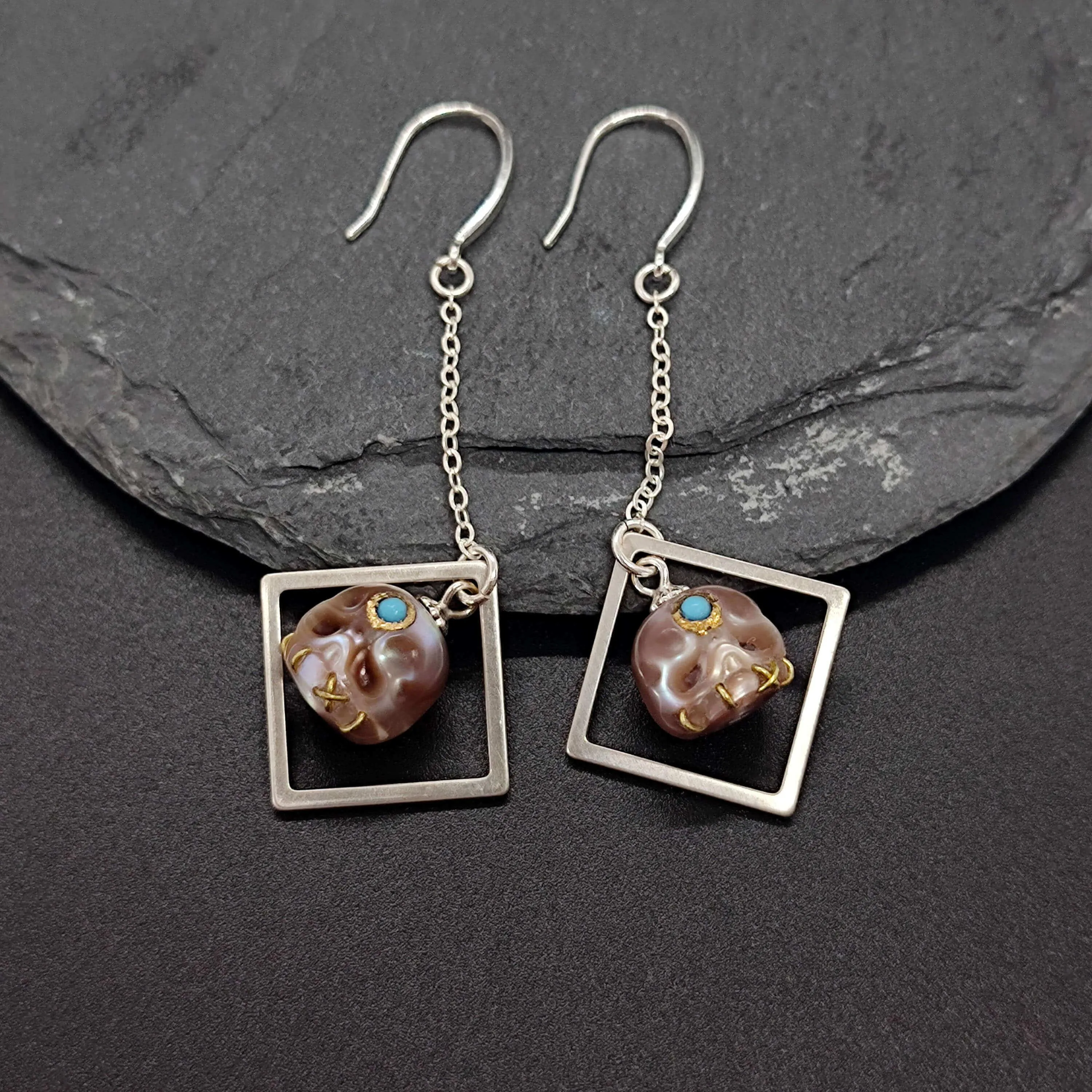 Geometric Modern Rhombic Śmaśana Pearl Skull Drop Earrings