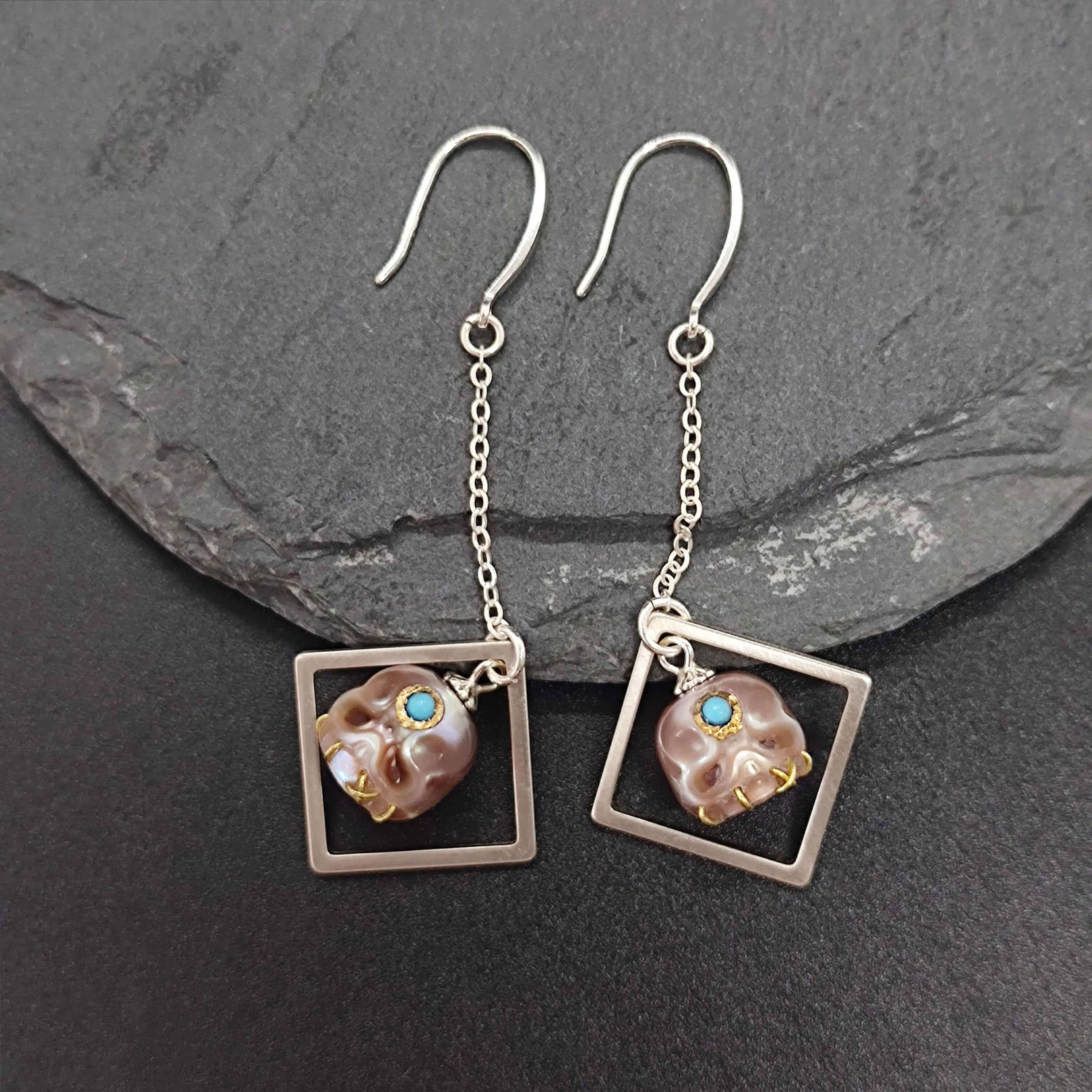 Geometric Modern Rhombic Śmaśana Pearl Skull Drop Earrings