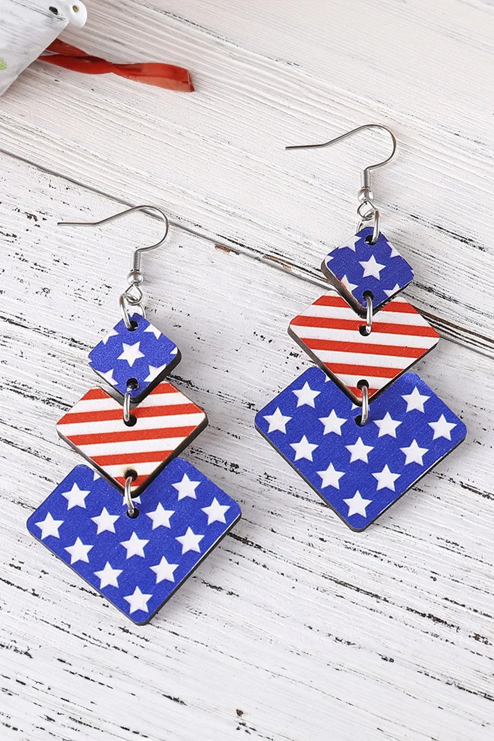 Geometric Wooden Star Stripe Flag Dangle Earrings