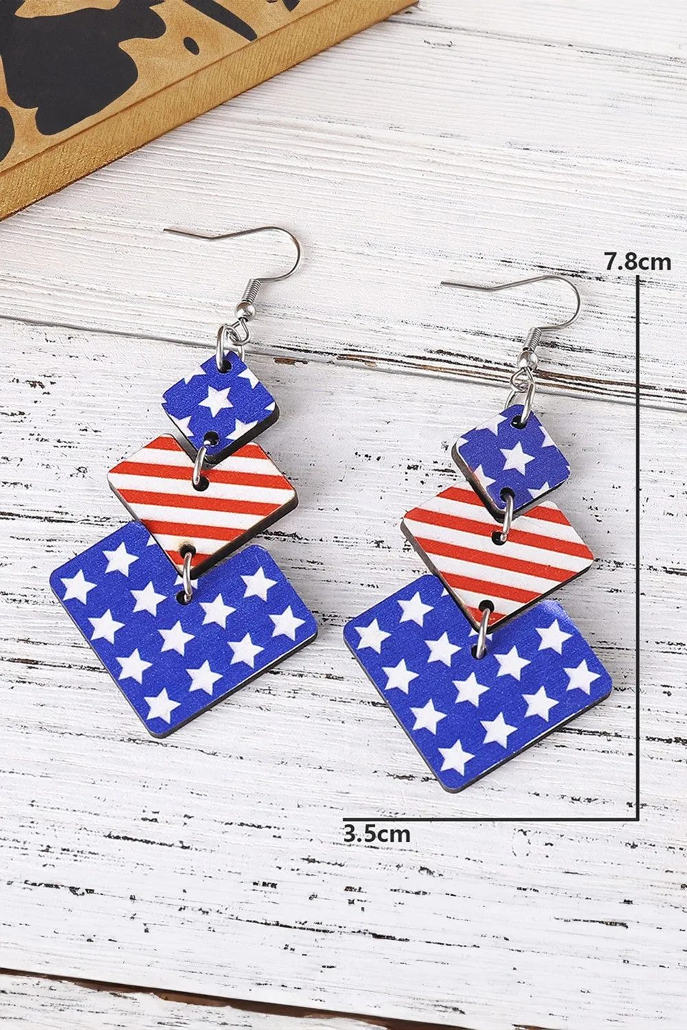 Geometric Wooden Star Stripe Flag Dangle Earrings