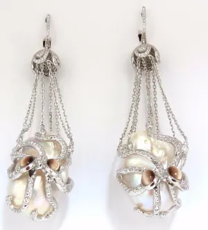 GIA Certified 30mm Baroque Pearls Catseye Ocotopus diamond dangle earrings