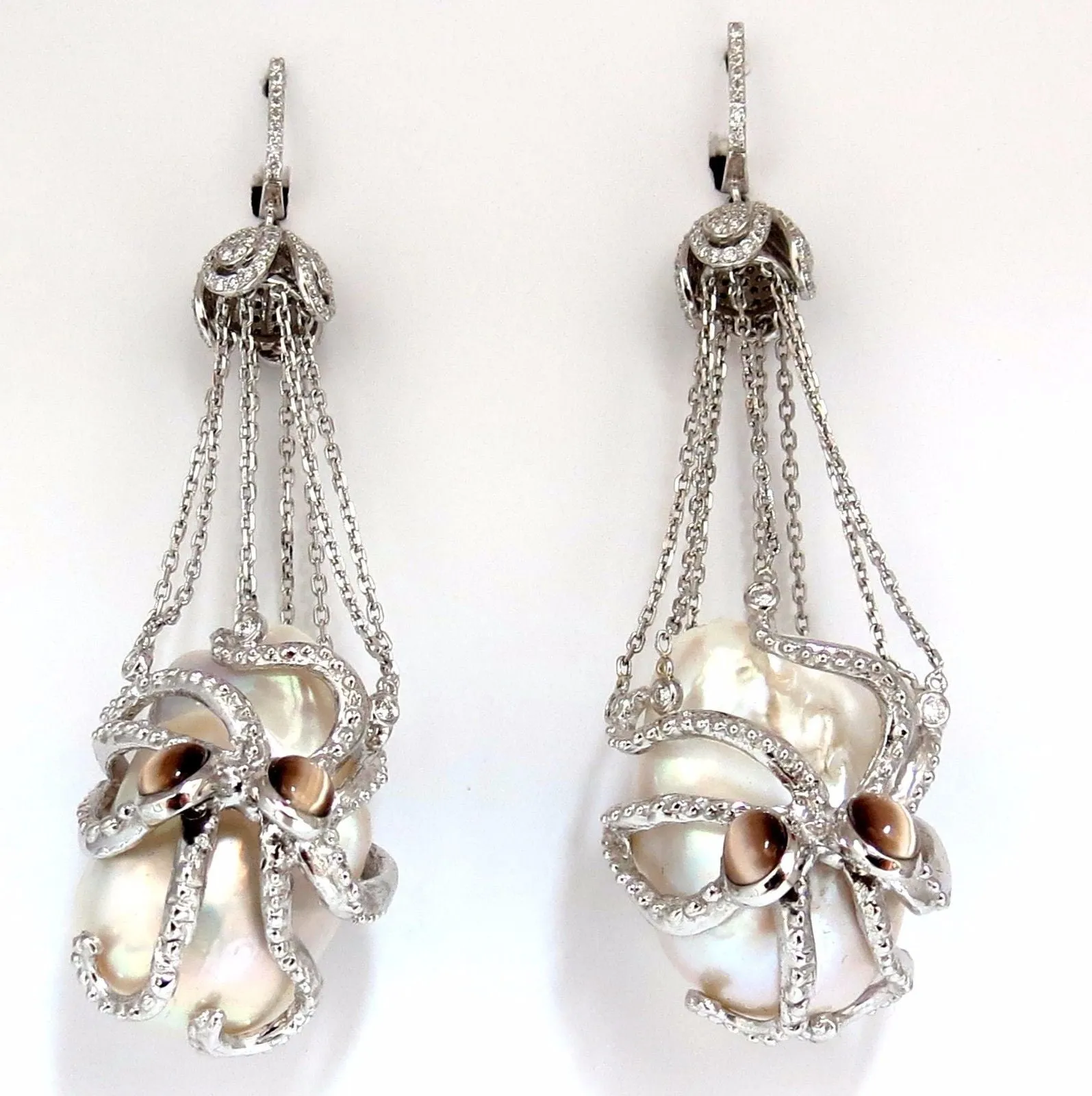 GIA Certified 30mm Baroque Pearls Catseye Ocotopus diamond dangle earrings
