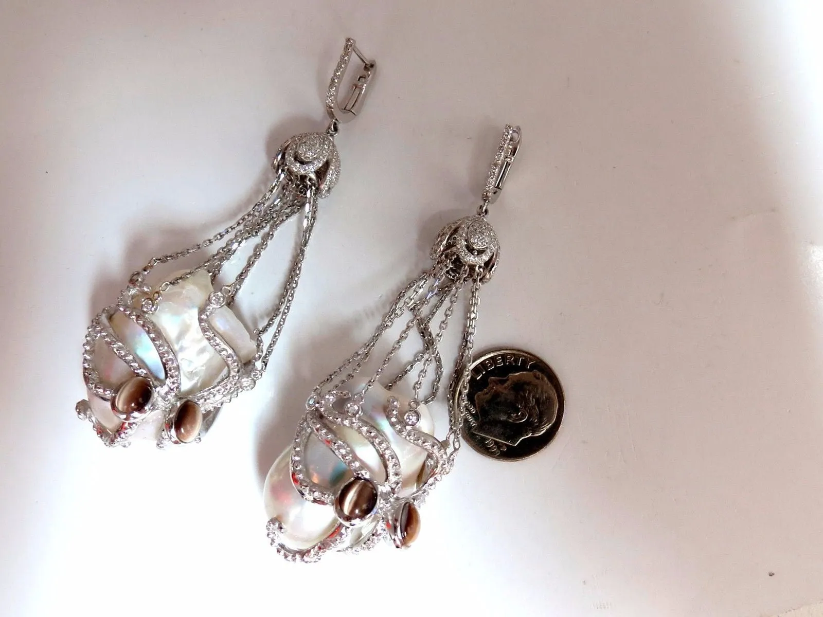 GIA Certified 30mm Baroque Pearls Catseye Ocotopus diamond dangle earrings