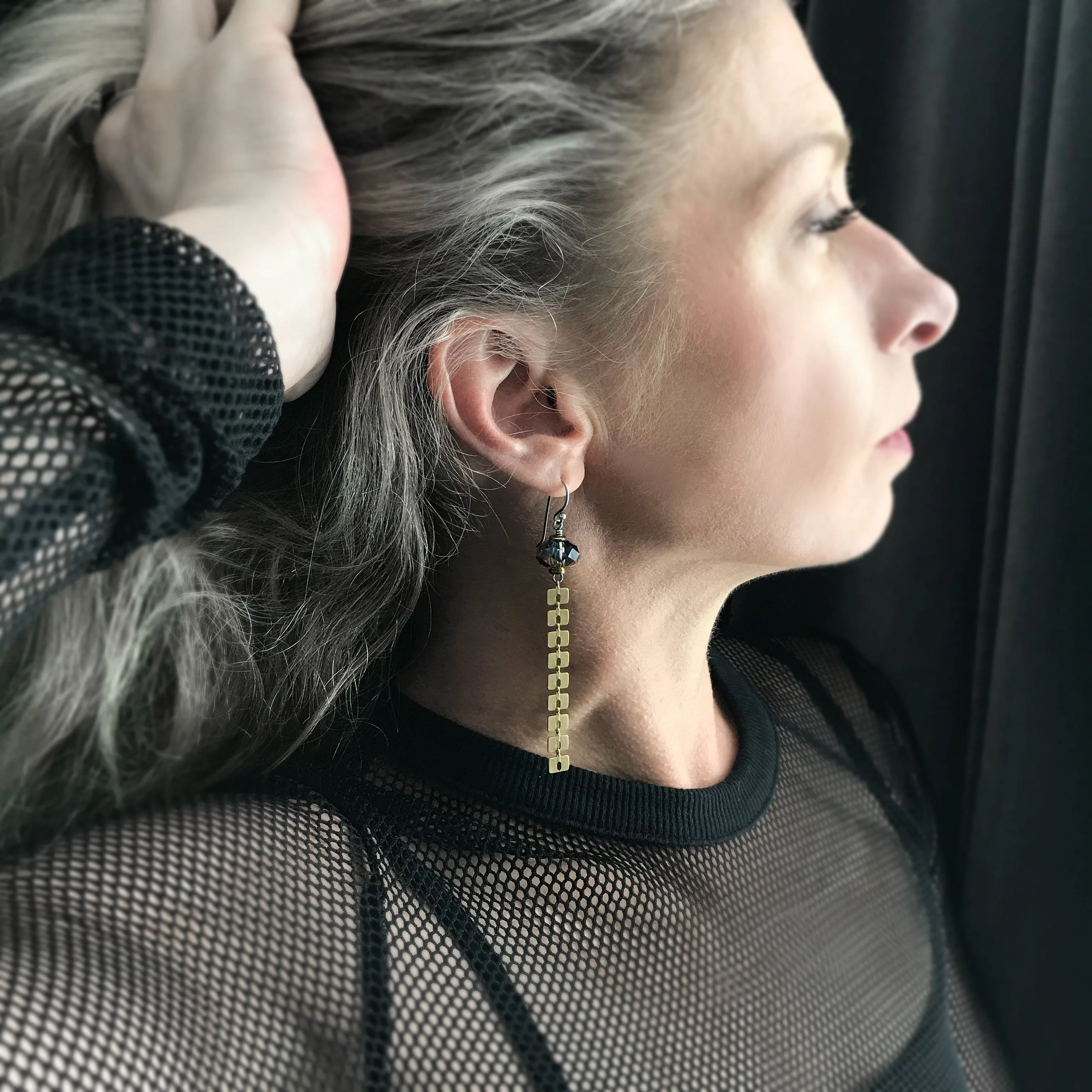 GILT - Long Matte Antique Gold Chain Earrings with Gold Crystal