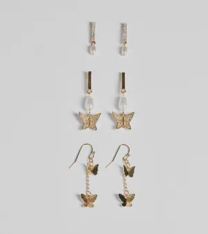 Glam Rhinestone And Pearl Butterfly Earrings Set