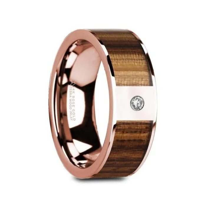 GLAUCUS Flat 14K Rose Gold with Zebra Wood Inlay & White Diamond Setting - 8mm
