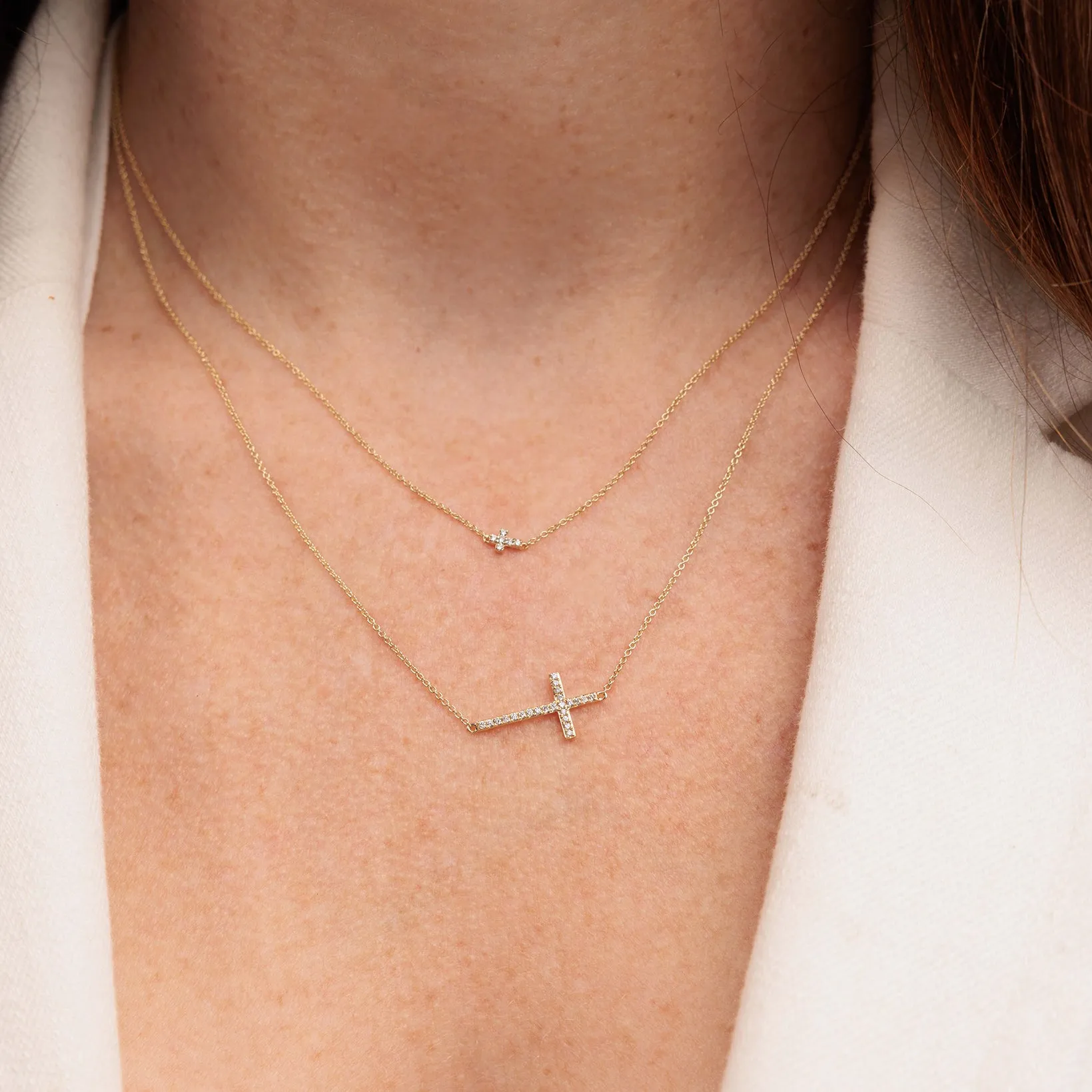 Gold & Pave Diamond Tiny Cross Necklace