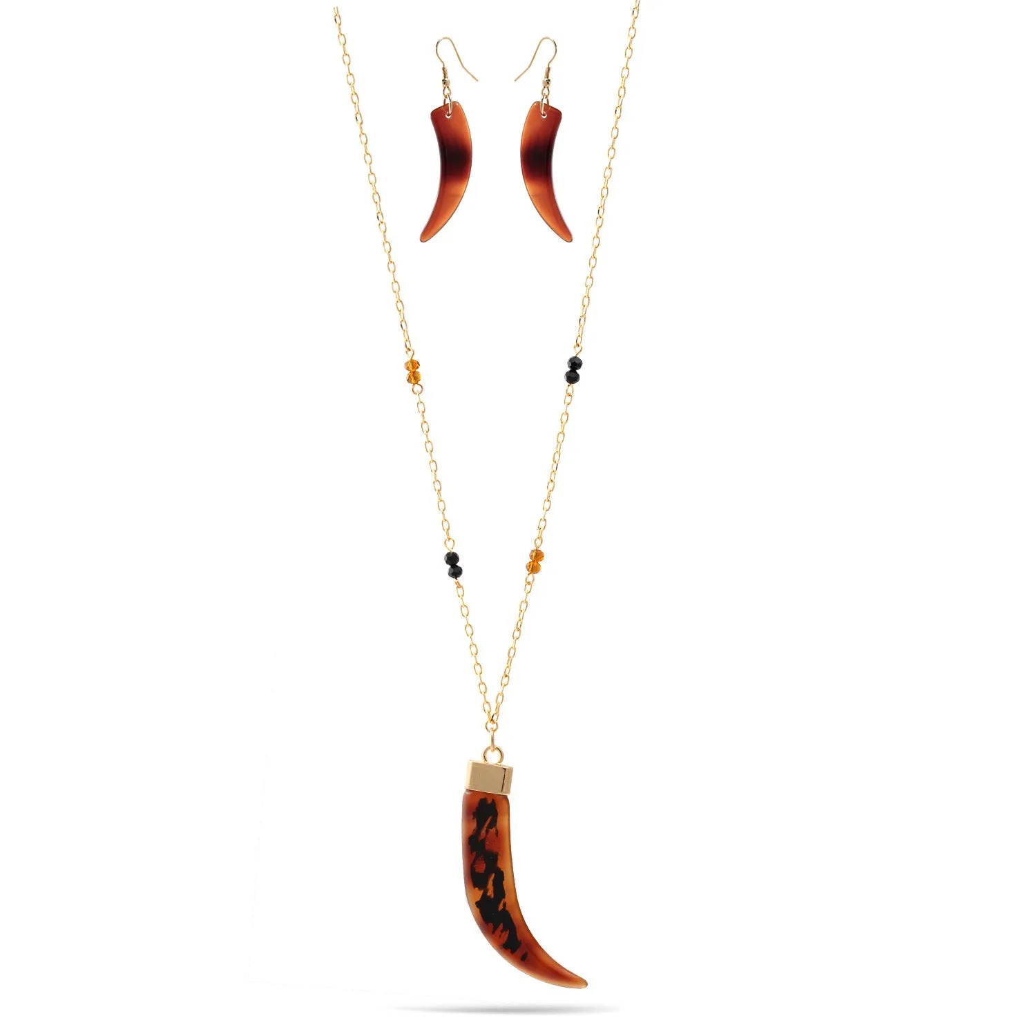 GOLD BROWN HORN PENDANT NECKLACE AND EARRINGS SET #HNN E89952 (FD3)