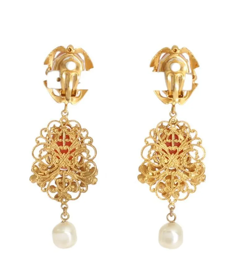 Gold CAMMEO Resin Floral Dangling Clip On Earrings