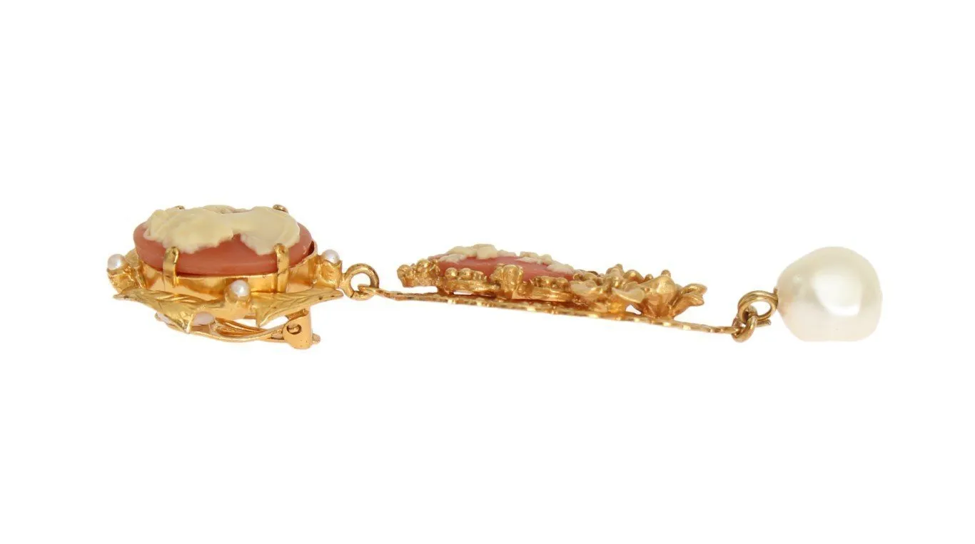 Gold CAMMEO Resin Floral Dangling Clip On Earrings