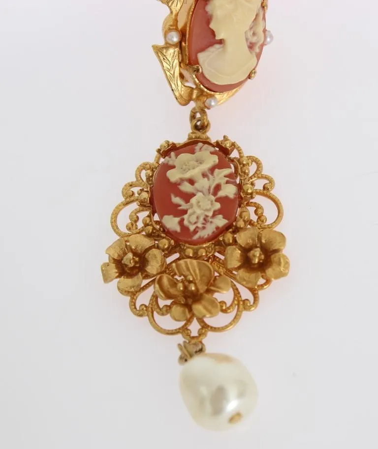 Gold CAMMEO Resin Floral Dangling Clip On Earrings