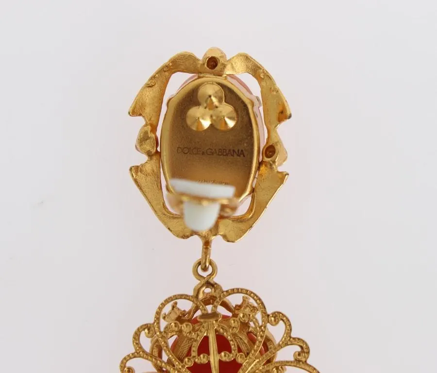 Gold CAMMEO Resin Floral Dangling Clip On Earrings