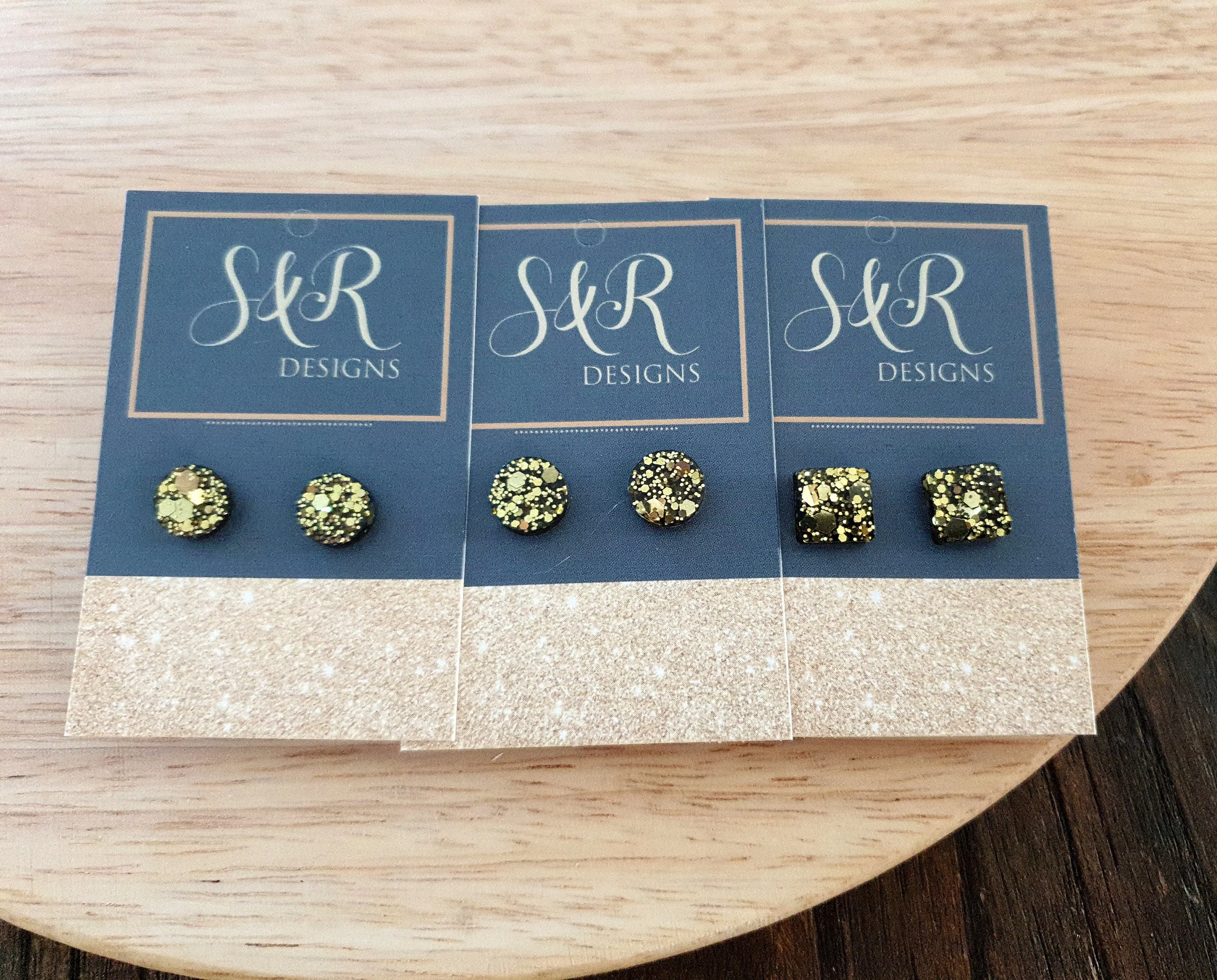 Gold Circle Dot Resin Stud Earrings or Square Glitter Earrings, Choose your Style. Stainless Steel Minimalist Stud Earrings. 10mm or 11mm