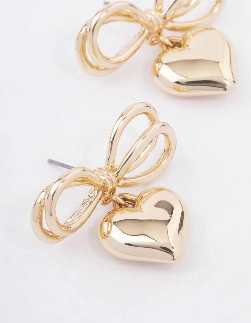 Gold Heart Bow Drop Earrings