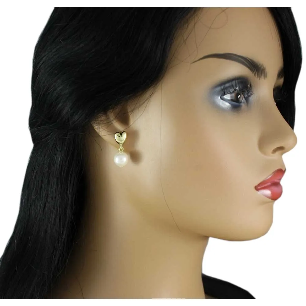 Gold Heart with 8MM White Pearl Pierced Earring - PE143
