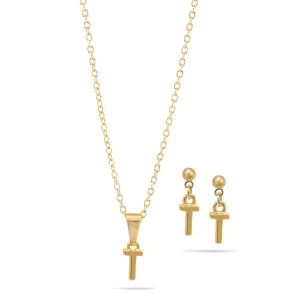 GOLD "T" SMALL PENDANT SHORT NECKLACE AND EARRINGS SET #SWKK-11768TGLD (IH1)