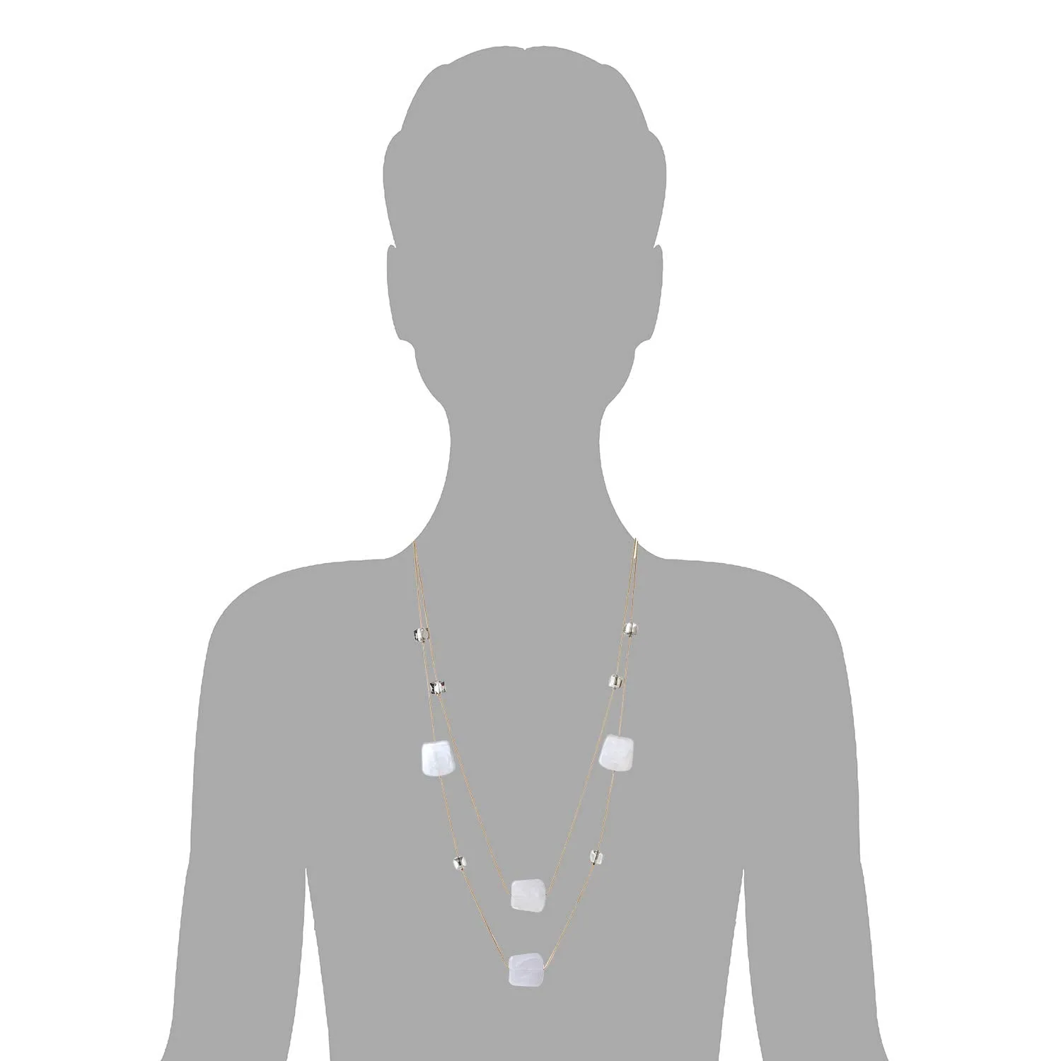 Gold Statement Necklace Two-Strand Long Chain with Cube Crystal Beads White Grey Resin Square Charms
