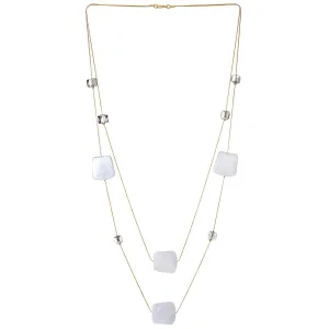 Gold Statement Necklace Two-Strand Long Chain with Cube Crystal Beads White Grey Resin Square Charms