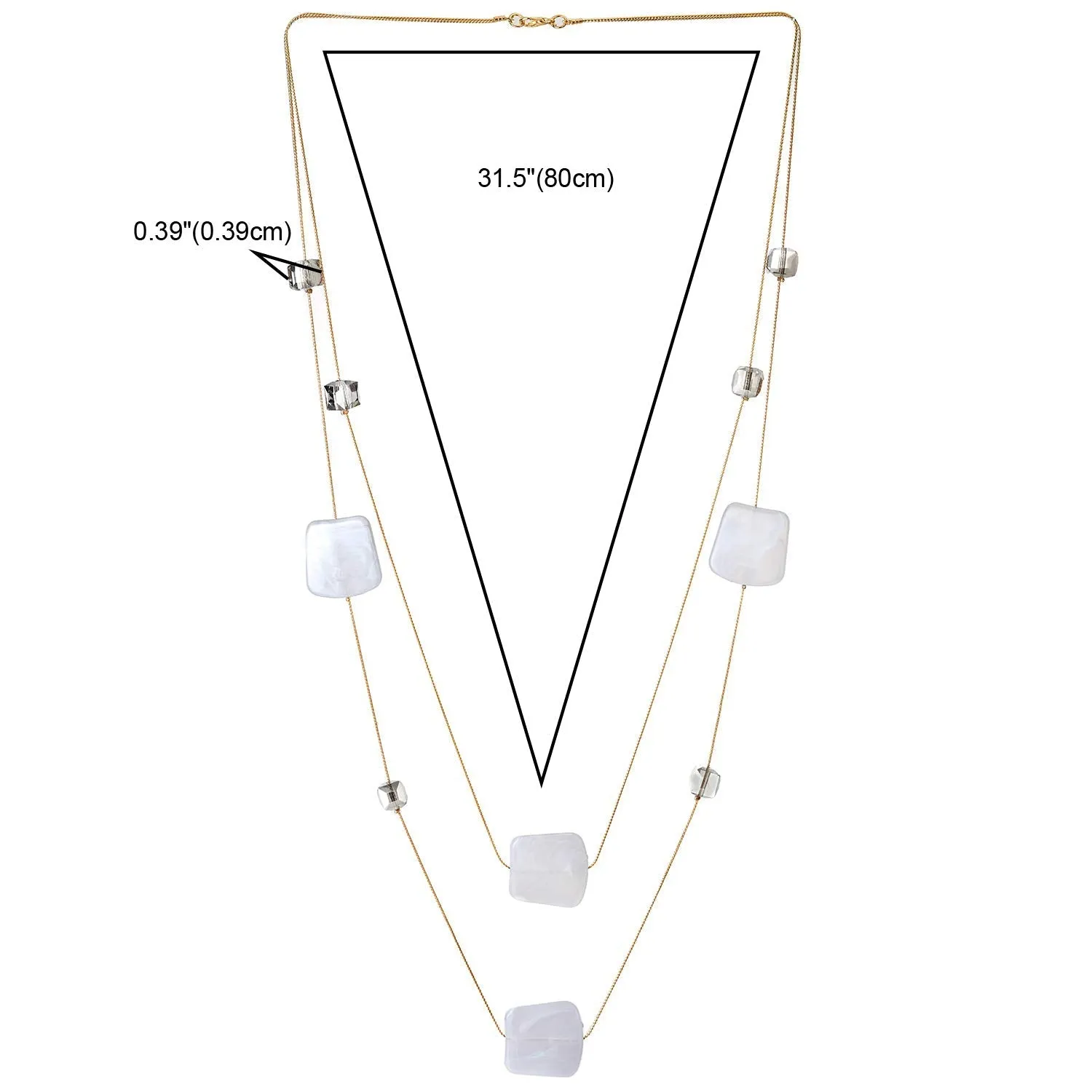 Gold Statement Necklace Two-Strand Long Chain with Cube Crystal Beads White Grey Resin Square Charms