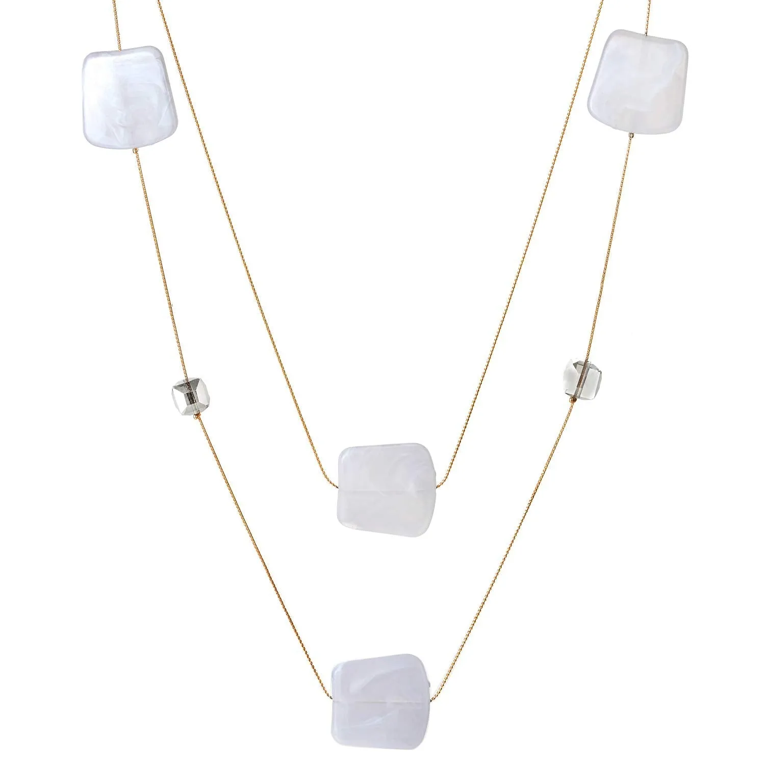Gold Statement Necklace Two-Strand Long Chain with Cube Crystal Beads White Grey Resin Square Charms
