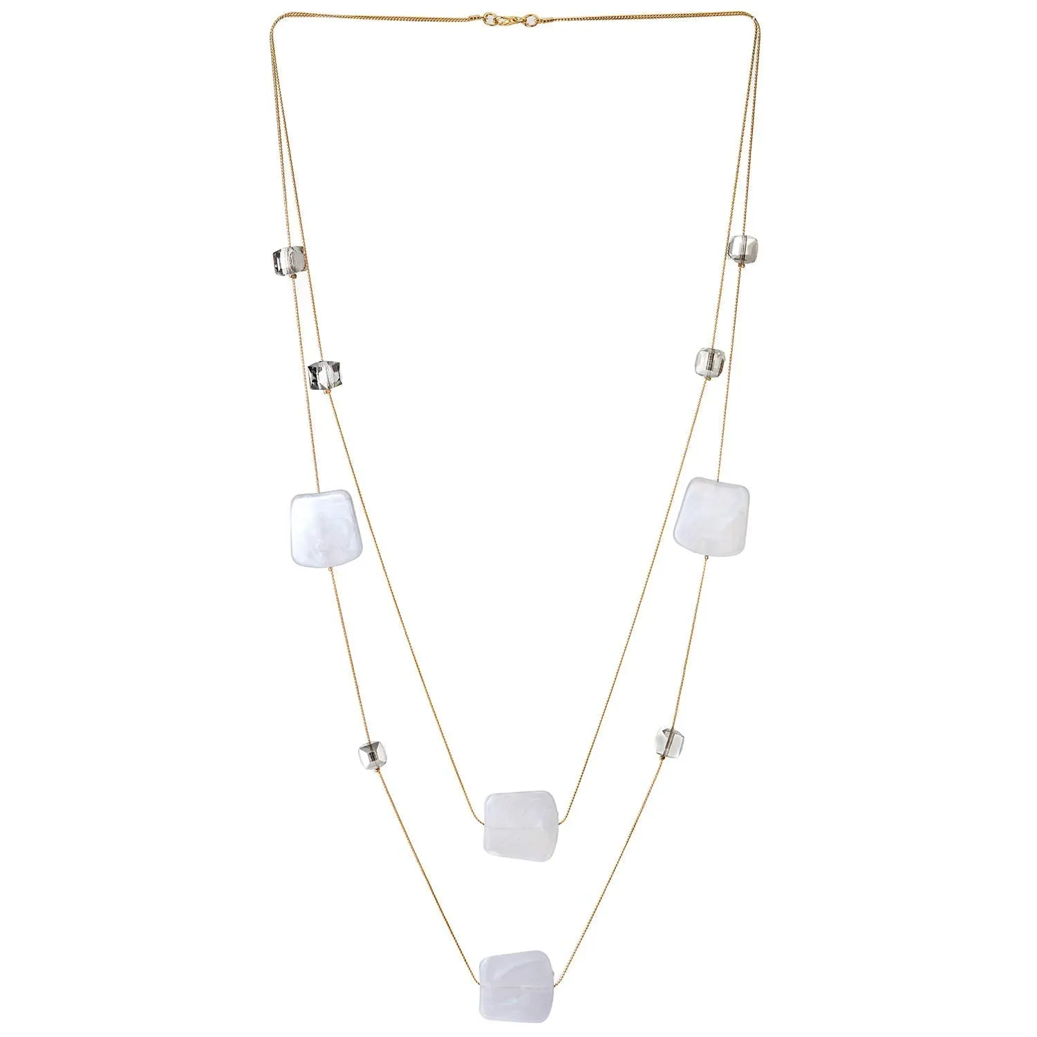 Gold Statement Necklace Two-Strand Long Chain with Cube Crystal Beads White Grey Resin Square Charms