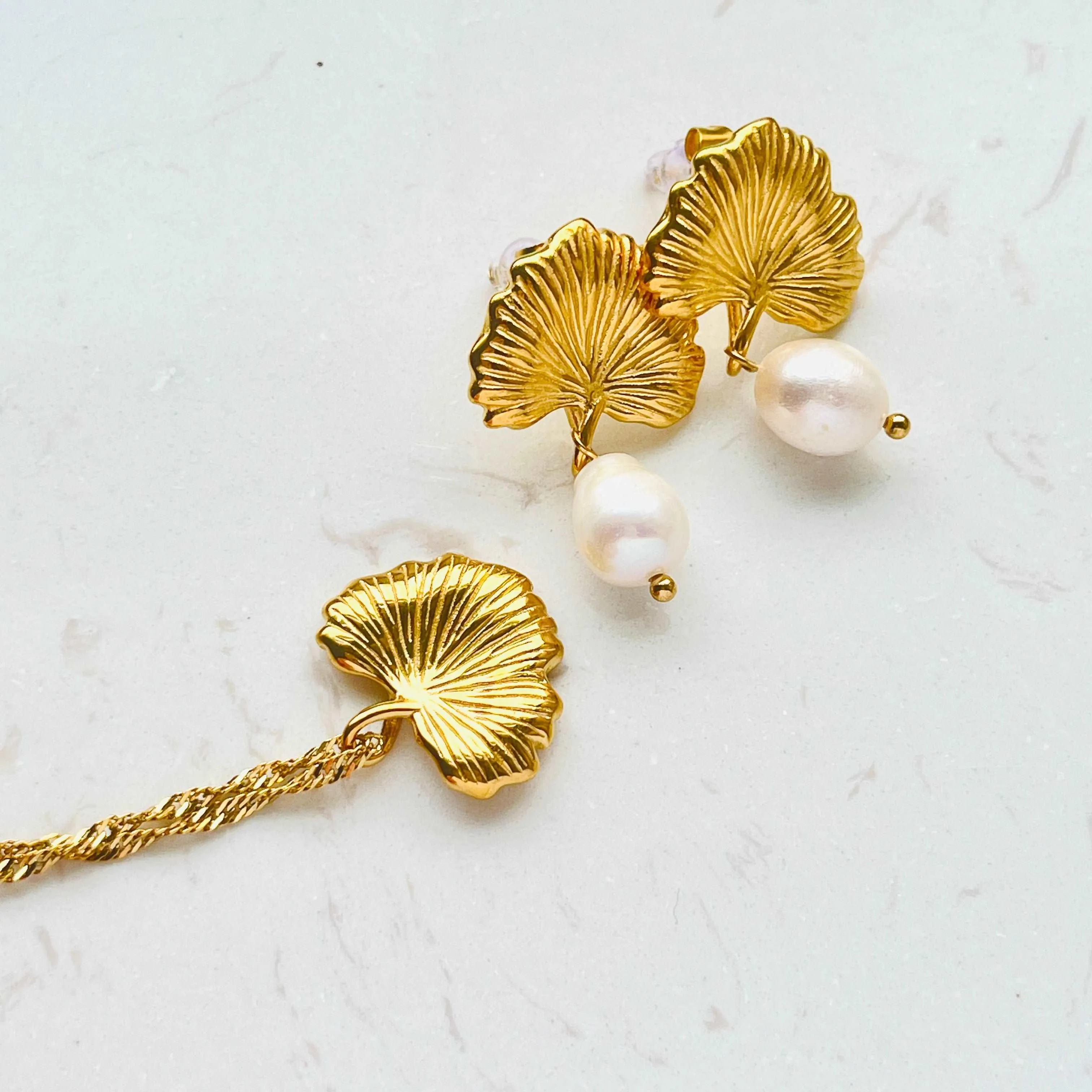 Golden Ginkgo Leaf Necklace and Freshwater Pearl Drop Earrings Set
