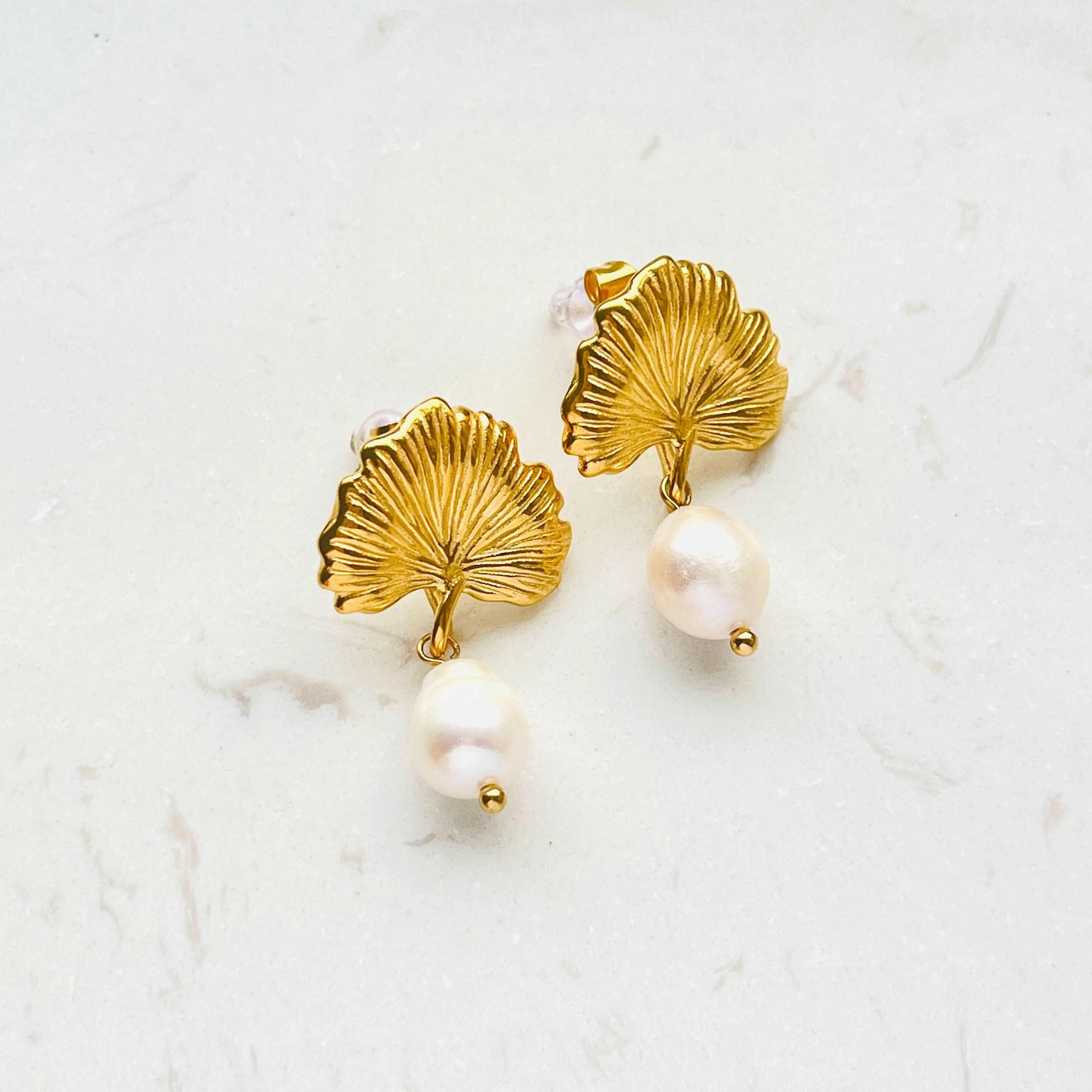 Golden Ginkgo Leaf Necklace and Freshwater Pearl Drop Earrings Set