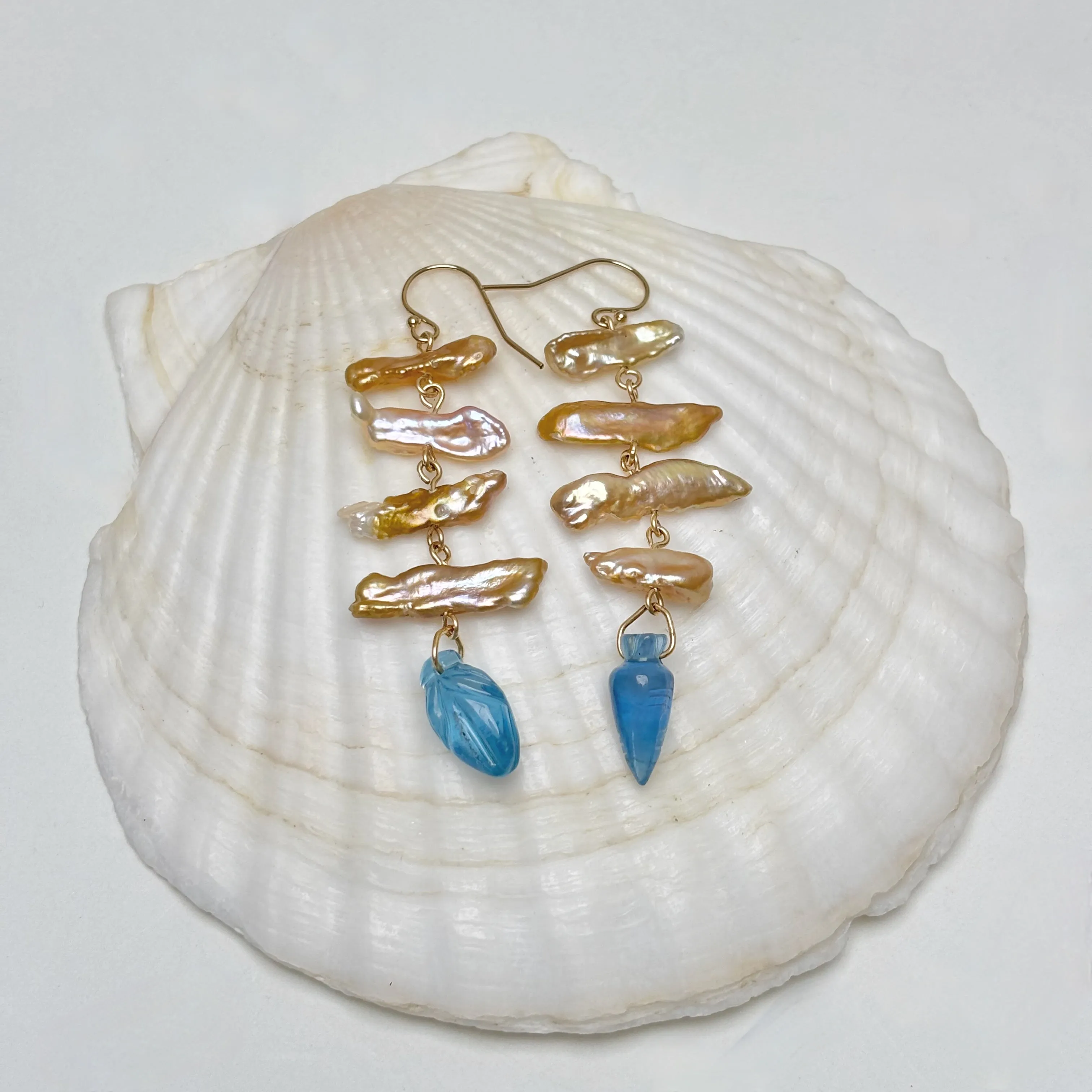 golden mobile earrings with aquamarine carvings #2