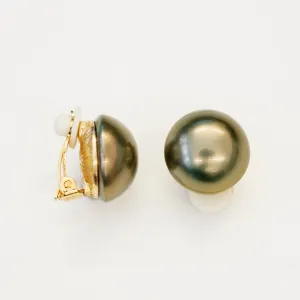 Goldtone 18mm Brown Pearl Button Clip Earrings