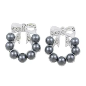 Gray Pearl Wreath with White Crystal Bow Pierced Earring - PRE004