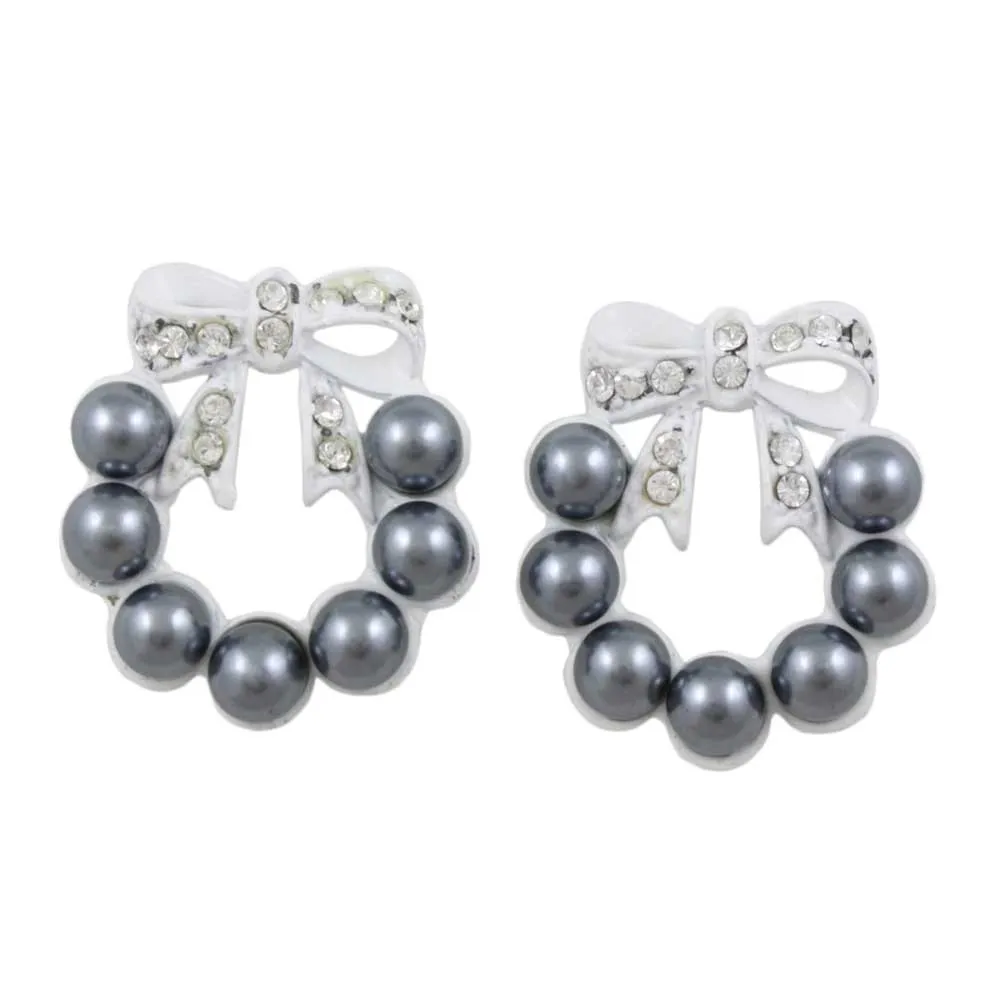 Gray Pearl Wreath with White Crystal Bow Pierced Earring - PRE004
