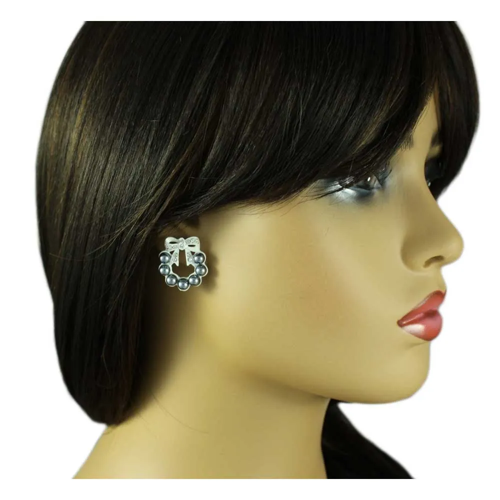 Gray Pearl Wreath with White Crystal Bow Pierced Earring - PRE004