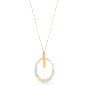 GREEN AND PINK ACETATE RESIN GOLD OVAL PENDANT NECKLACE #SWKK-11625GLDGP (OH6)