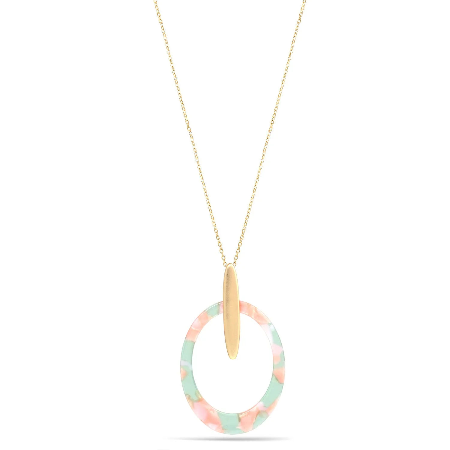 GREEN AND PINK ACETATE RESIN GOLD OVAL PENDANT NECKLACE #SWKK-11625GLDGP (OH6)