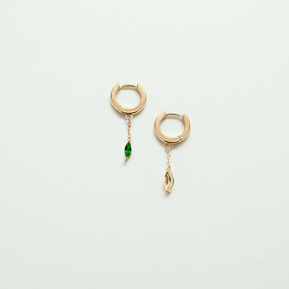 Green CZ Short Chain Huggie Earrings