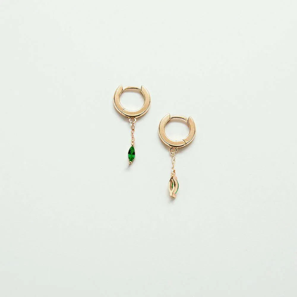 Green CZ Short Chain Huggie Earrings