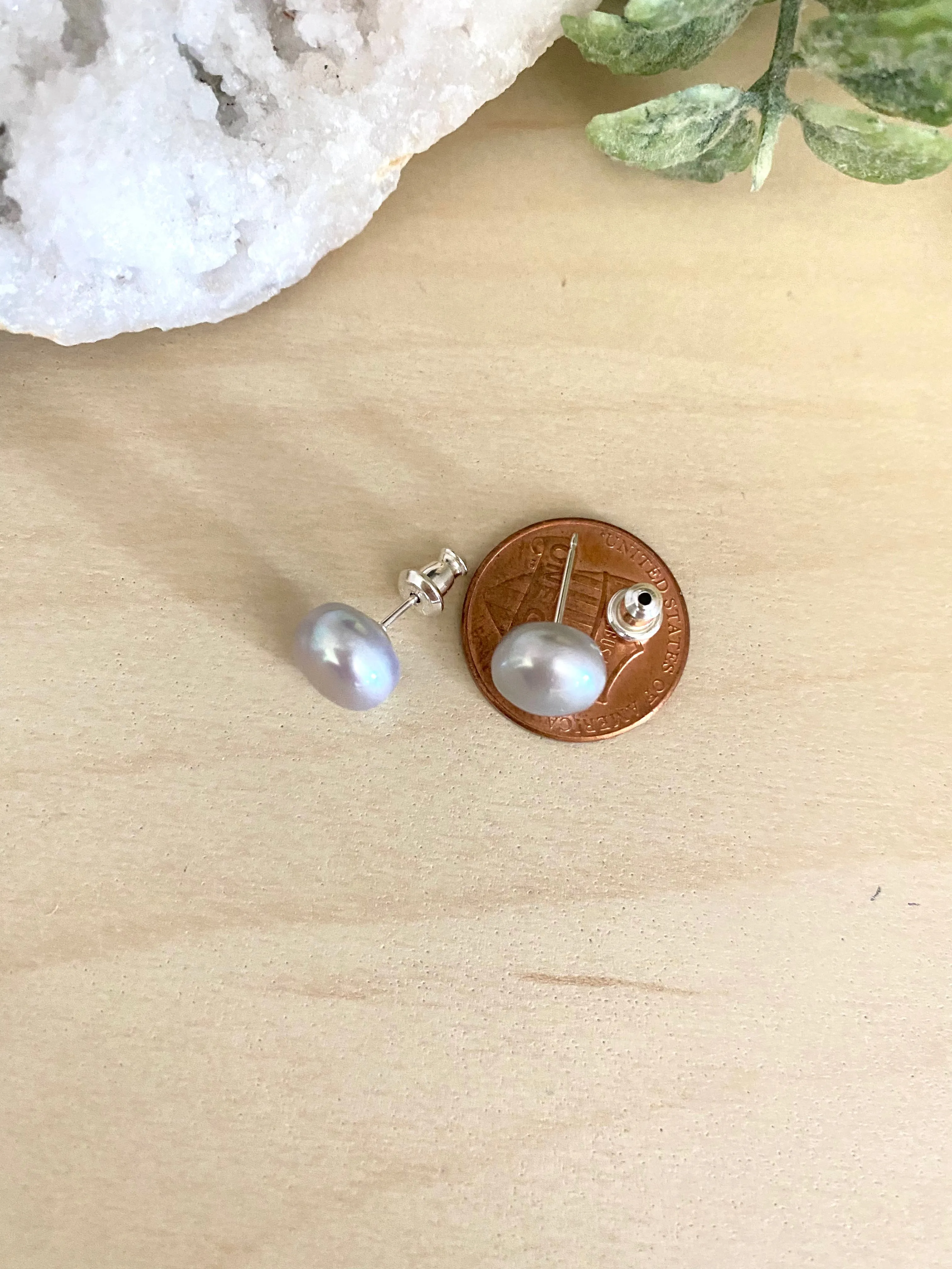 Grey Freshwater Pearl Earrings on Sterling Silver Posts - 9mm Pearls
