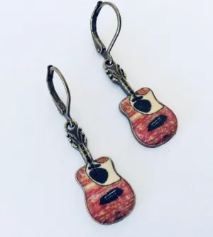 Guitar Earrings Brass and Resin Painted Guitar Earrings Guitar Jewelry Lever Back