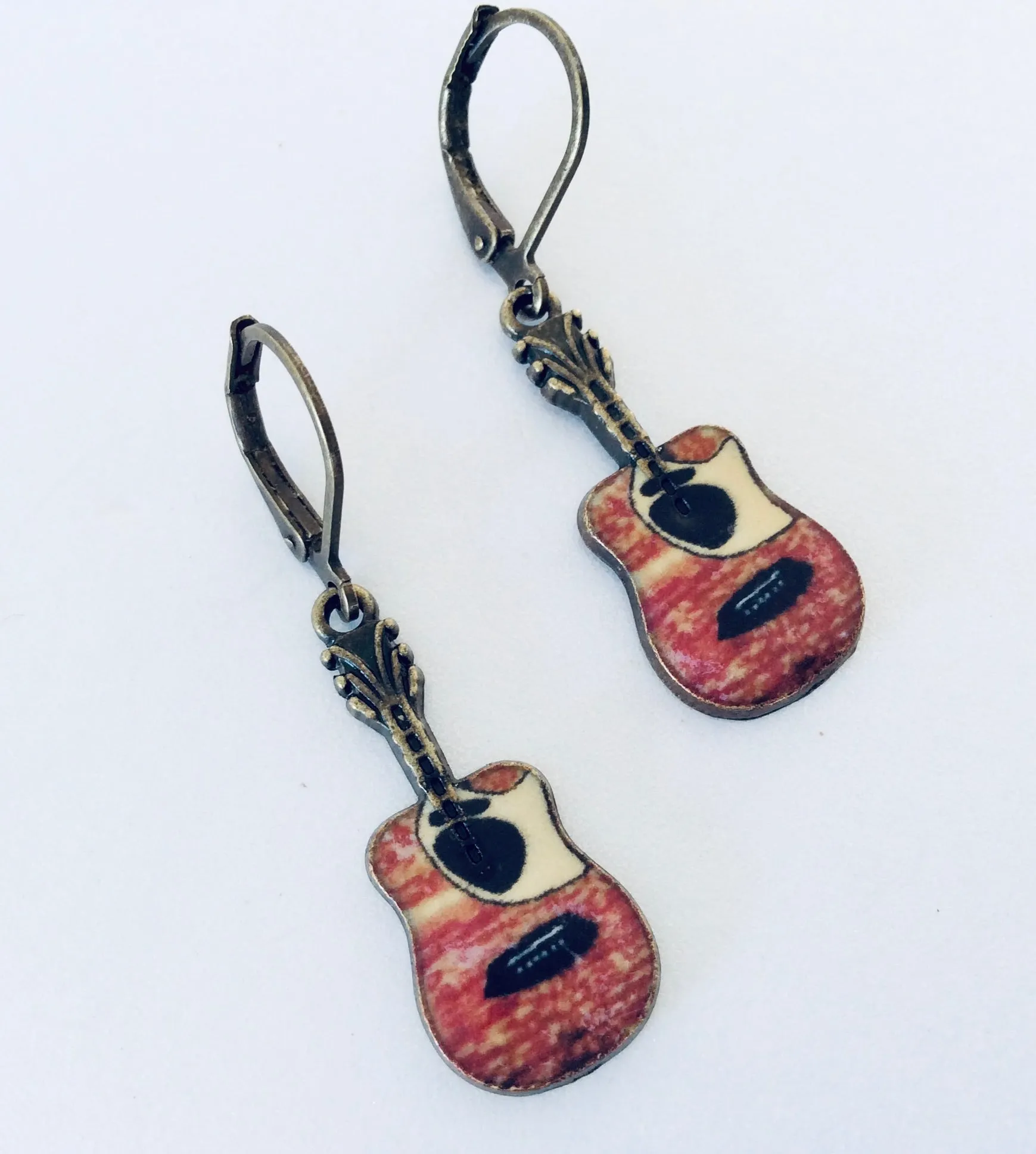 Guitar Earrings Brass and Resin Painted Guitar Earrings Guitar Jewelry Lever Back